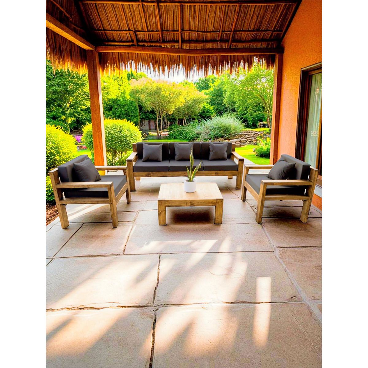 MIARUSTE - TERRAZA RÚSTICA MIARUSTE MODELO AMBAR 5 CUERPOS COLOR ROBLE COJINERÍA GRIS OSC