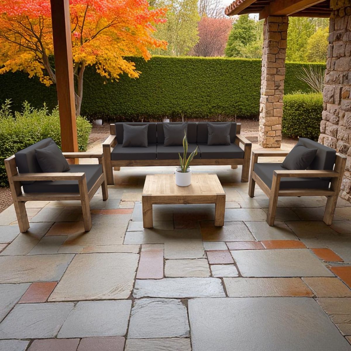 MIARUSTE - TERRAZA RÚSTICA MIARUSTE MODELO AMBAR 5 CUERPOS COLOR ROBLE COJINERÍA GRIS OSC