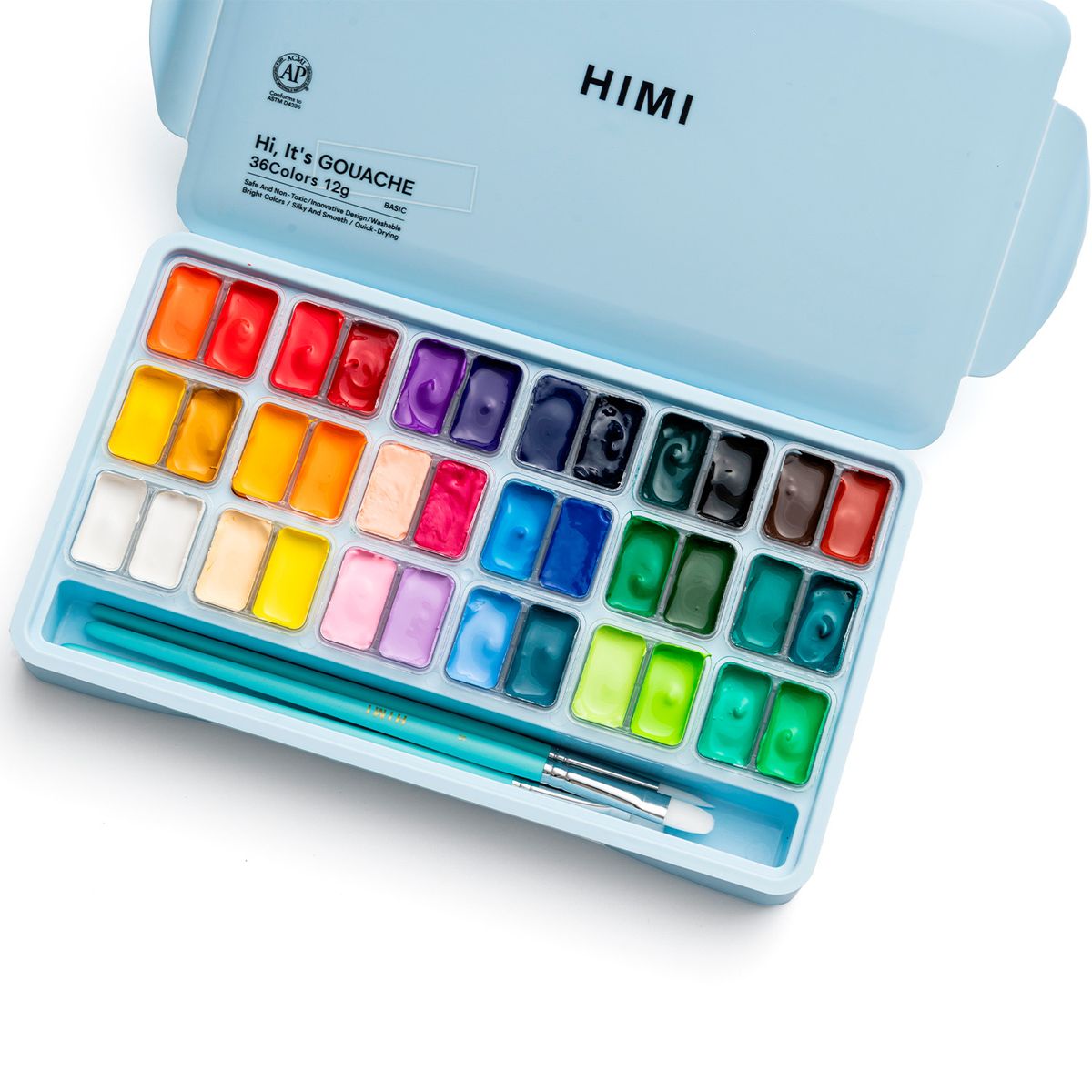 HIMI - Himi Set Gouache 36 Colores Twin Cup 12g + 3 pinceles Azul