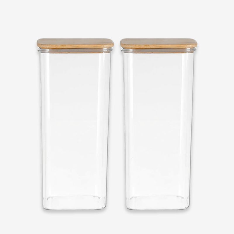 GENERICO - Set 2 Frascos Hermeticos 600mL Cuadrado Vidrio 18cm Tapa Bambú