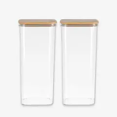 GENERICO - Set 2 Frascos Hermeticos 600mL Cuadrado Vidrio 18cm Tapa Bambú