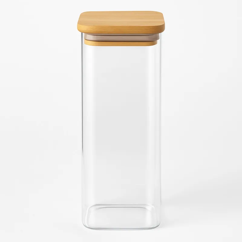 GENERICO - Frasco Tarro Hermetico 680mL Cuadrado De Vidrio 20cm Tapa Bambú