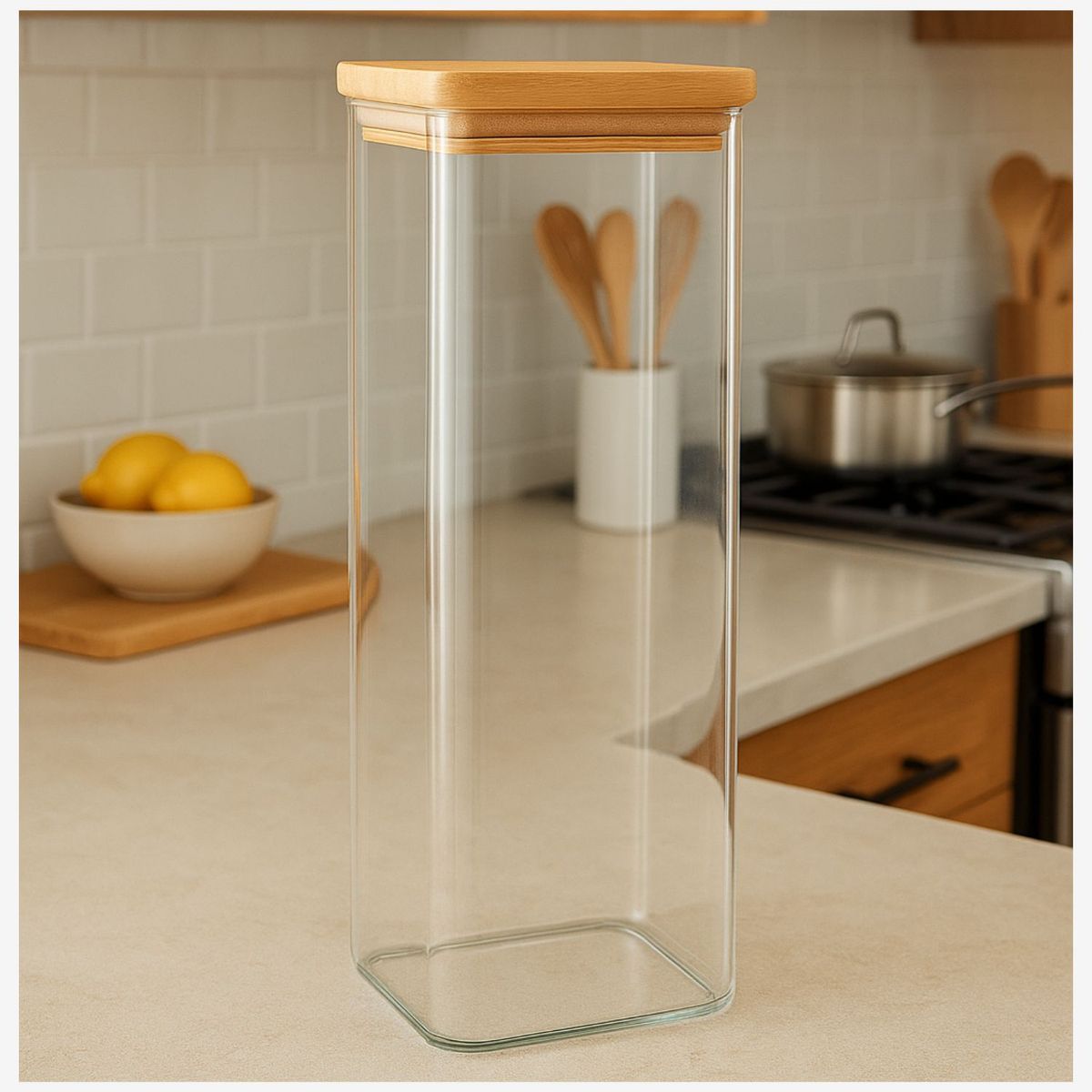 GENERICO - Frasco Tarro Hermetico 680mL Cuadrado De Vidrio 20cm Tapa Bambú