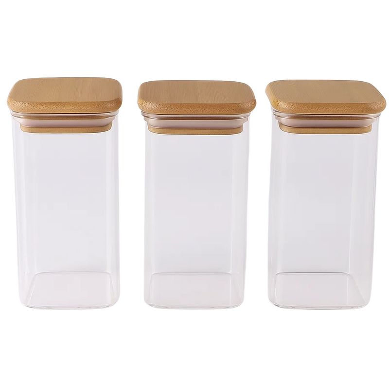 GENERICO - Set 3 Frasco Hermetico 700mL Vidrio Cuadrado 12cm Bambú