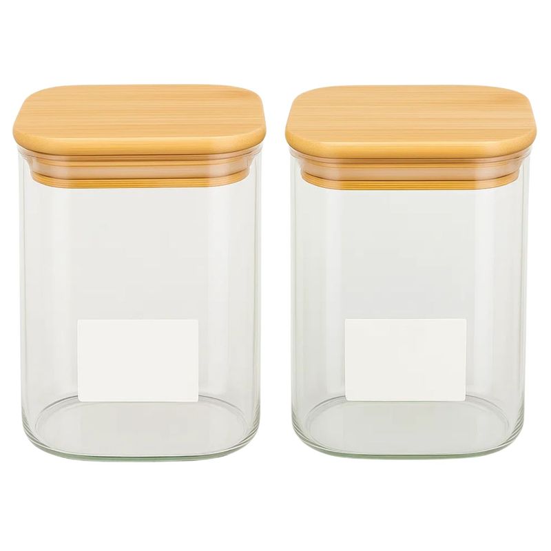 GENERICO - Set 2 Frascos Hermeticos Cuadrado 900mL Vidrio 10cm Tapa Bambú