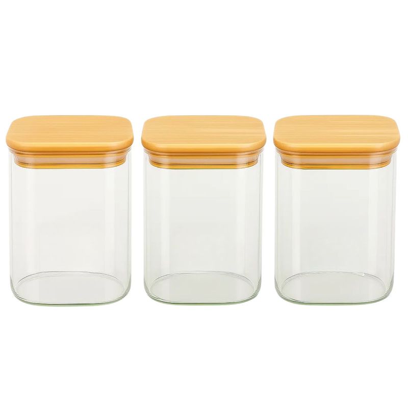 GENERICO - Set 3 Frascos Hermeticos Cuadrado 900mL Vidrio 10cm Tapa Bambú