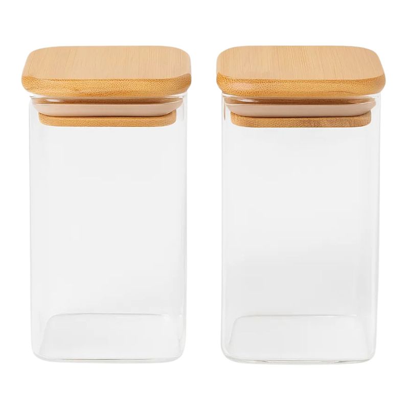 GENERICO - Set 2 Frascos Hermeticos Cuadrado 1100mL Vidrio 12cm Tapa Bambú