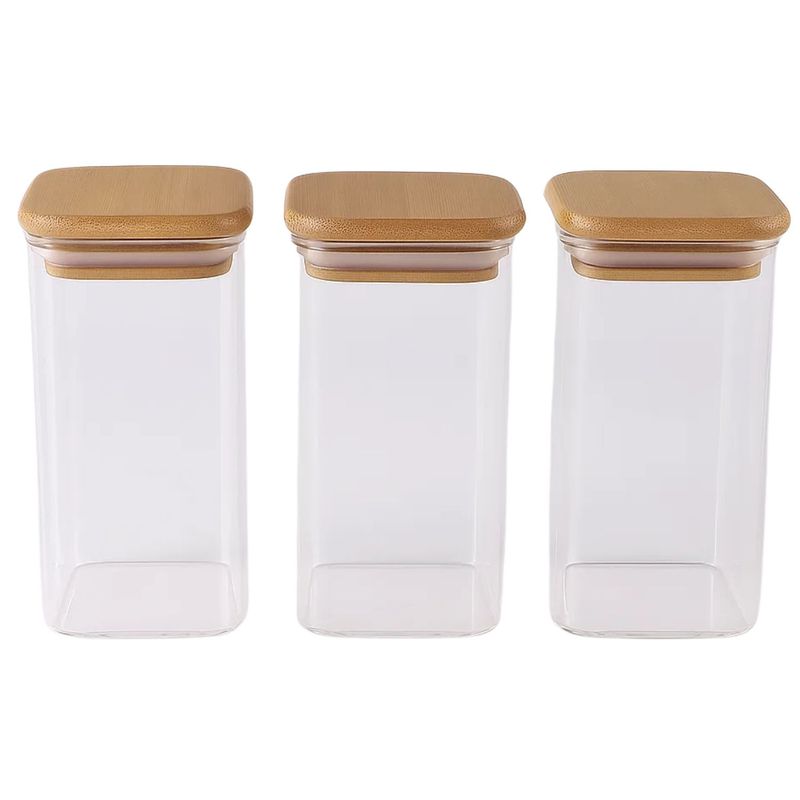 GENERICO - Set 3 Frascos Hermeticos Cuadrado 1100mL Vidrio 12cm Tapa Bambú