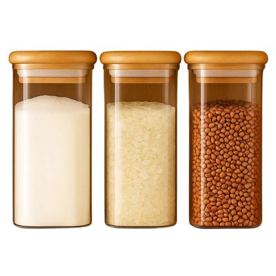 Imagen 2 del producto Set 3 Frascos Hermeticos Cuadrado 1100mL Vidrio 12cm Tapa Bambú