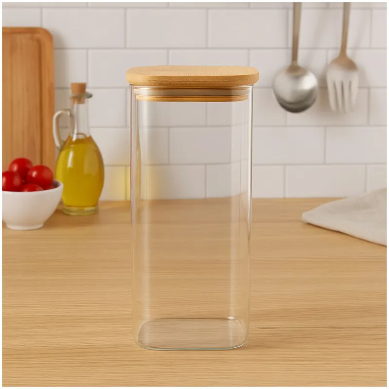 GENERICO - Frasco Hermetico Cuadrado 1400mL Vidrio 15cm Con Tapa Bambú
