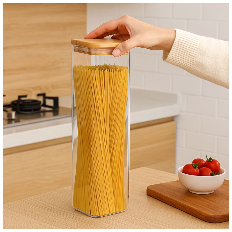 GENERICO - Set 2 Frascos Hermeticos Cuadrado 2400mL Vidrio 25cm Bambú