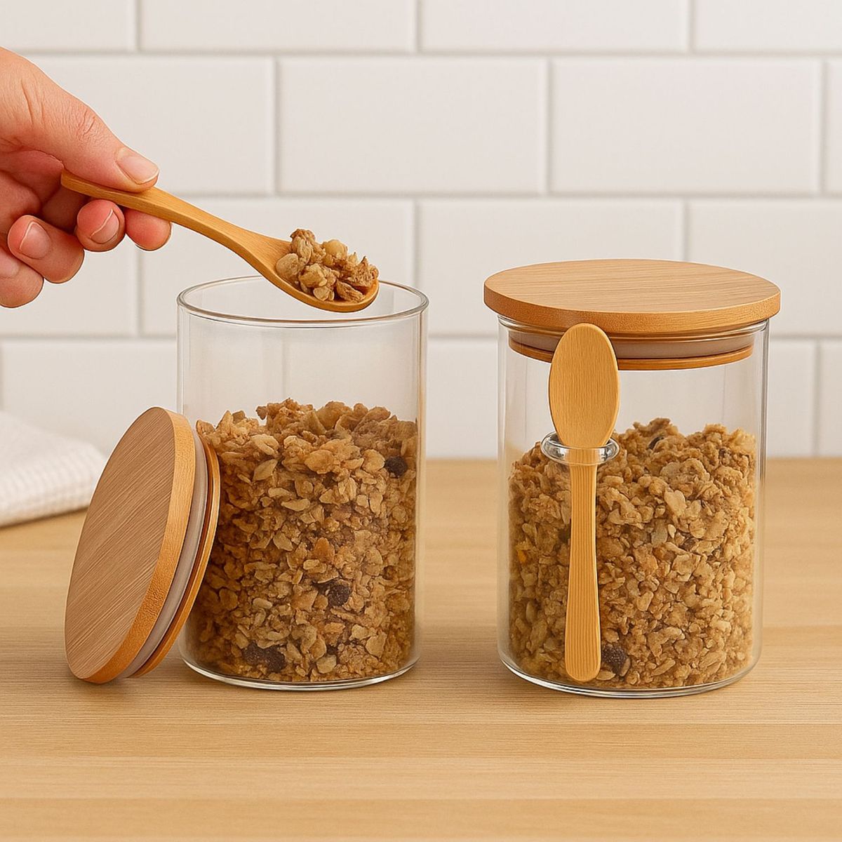 GENERICO - Set 2 Frasco Contenedor Hermetico 700mL 15cm Redondo Cuchara