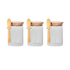 GENERICO - Set 3 Frascos Hermeticos 700mL 10cm Redondo Cuchara Tapa Bambú