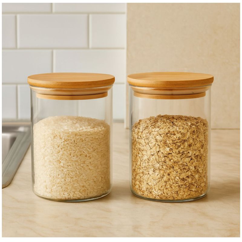 GENERICO - Set 2 Frascos Hermeticos 860mL 12cm Redondo Cuchara Tapa Bambú