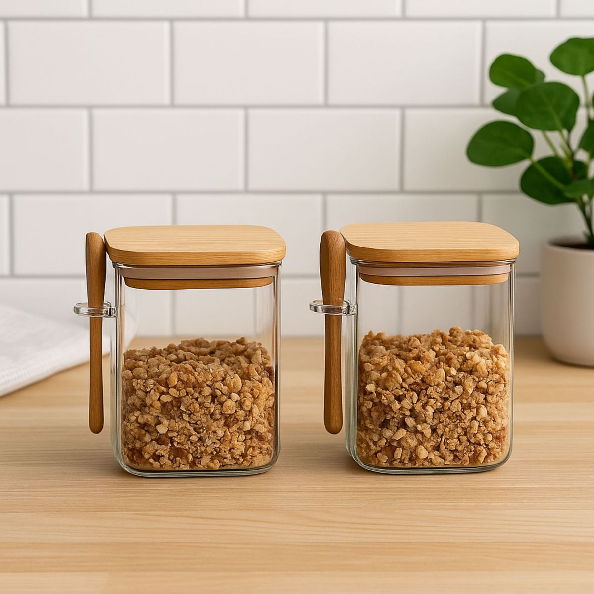 GENERICO - Set 2 Frascos Contenedores 570mL 10cm Cuadrado Cuchara Bambú