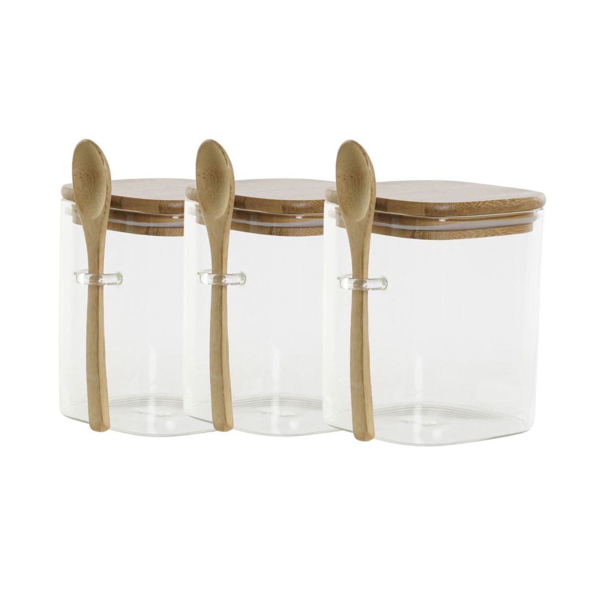 GENERICO - Set 3 Frascos Contenedores 570mL 10cm Cuadrado Cuchara Bambú