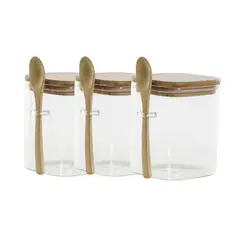 GENERICO - Set 3 Frascos Contenedores 570mL 10cm Cuadrado Cuchara Bambú