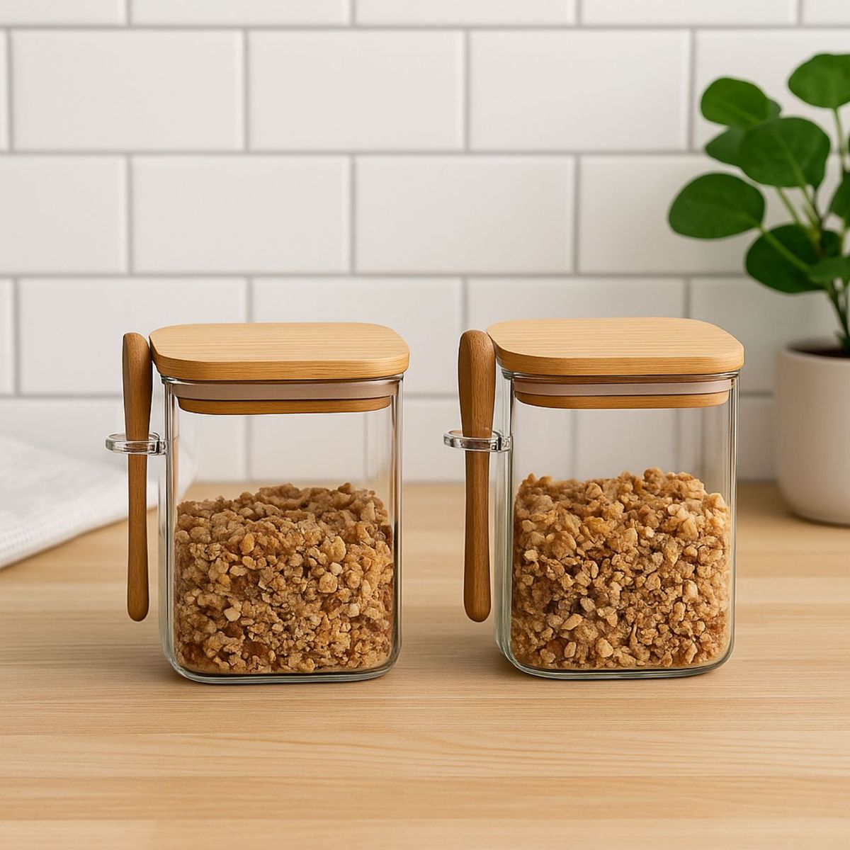 GENERICO - Set 2 Frascos Contenedores 700mL 12cm Cuadrado Cuchara Bambú