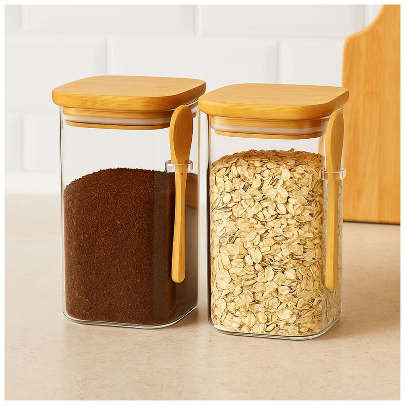 GENERICO - Set 2 Frascos Contenedores 900mL Vidrio 15cm Cuadrado Cuchara