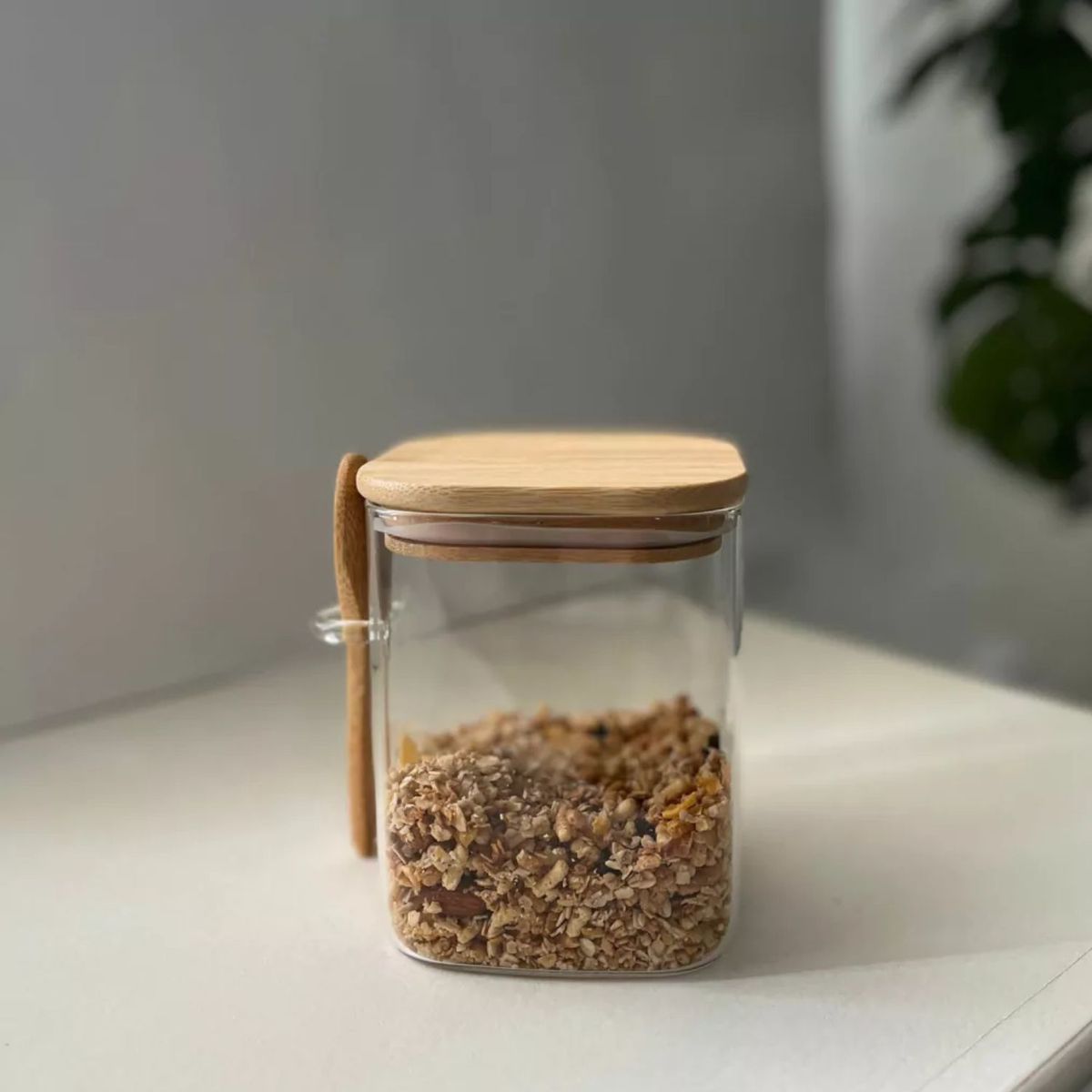 GENERICO - Frasco Contenedor Vidrio 900mL 10cm Cuadrado Cuchara Bambú