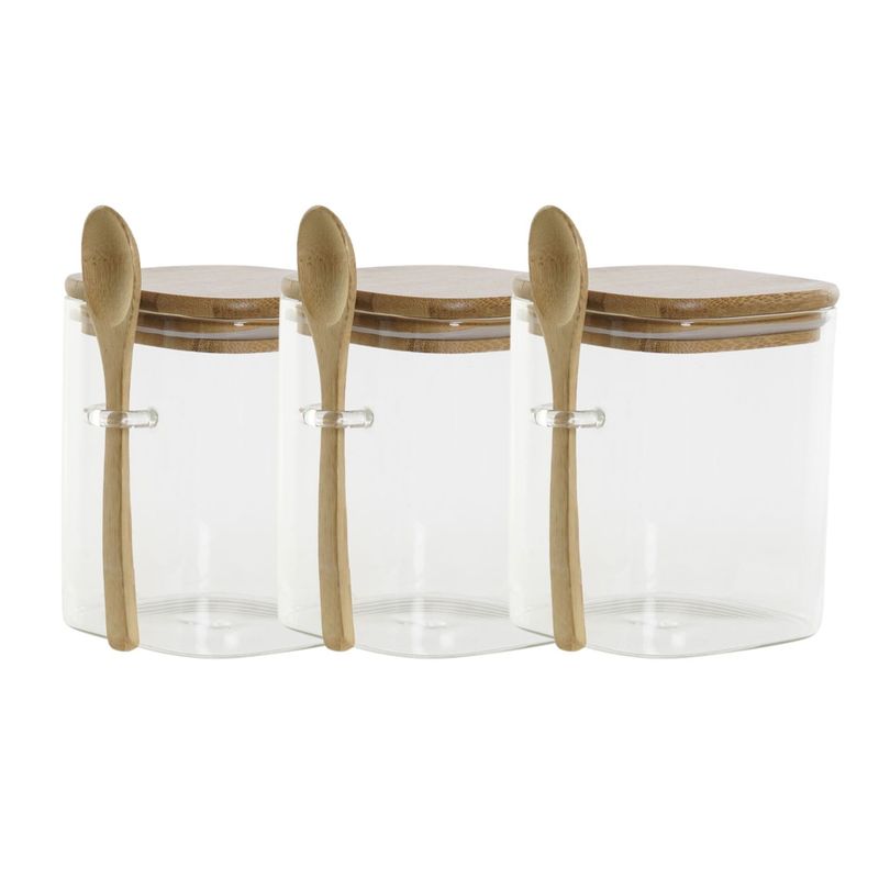 GENERICO - Set 3 Frasco Contenedor 900mL 10cm Cuadrado Cuchara Bambú