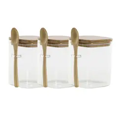 GENERICO - Set 3 Frasco Contenedor 900mL 10cm Cuadrado Cuchara Bambú