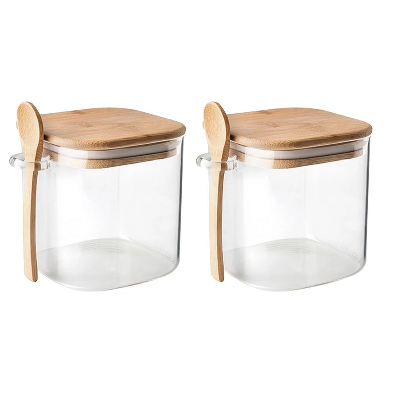 GENERICO - Set 2 Frasco Contenedor 1100mL 12cm Cuadrado Cuchara Bambú