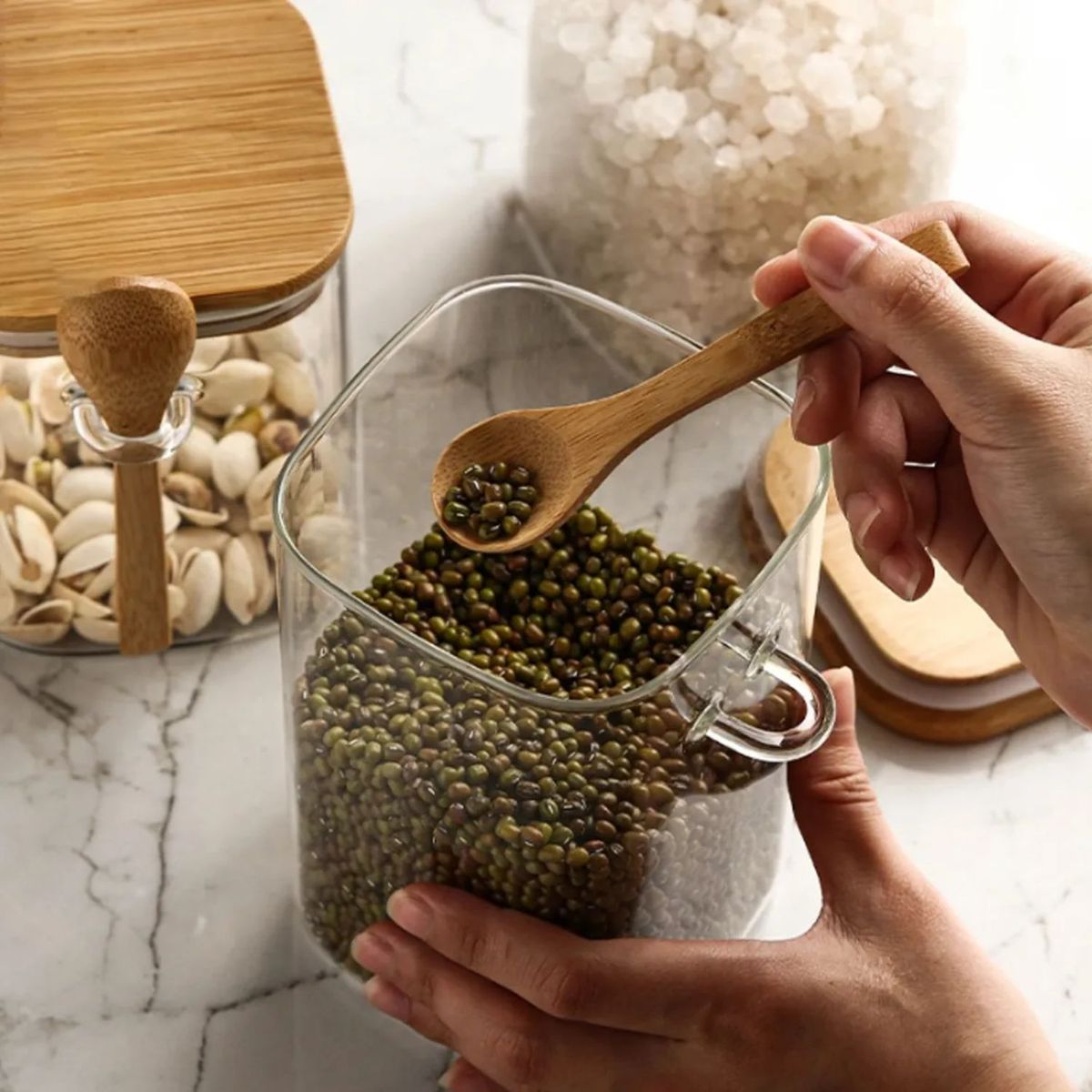 GENERICO - Set 3 Frasco Contenedor 1100mL 12cm Cuadrado Cuchara Bambú