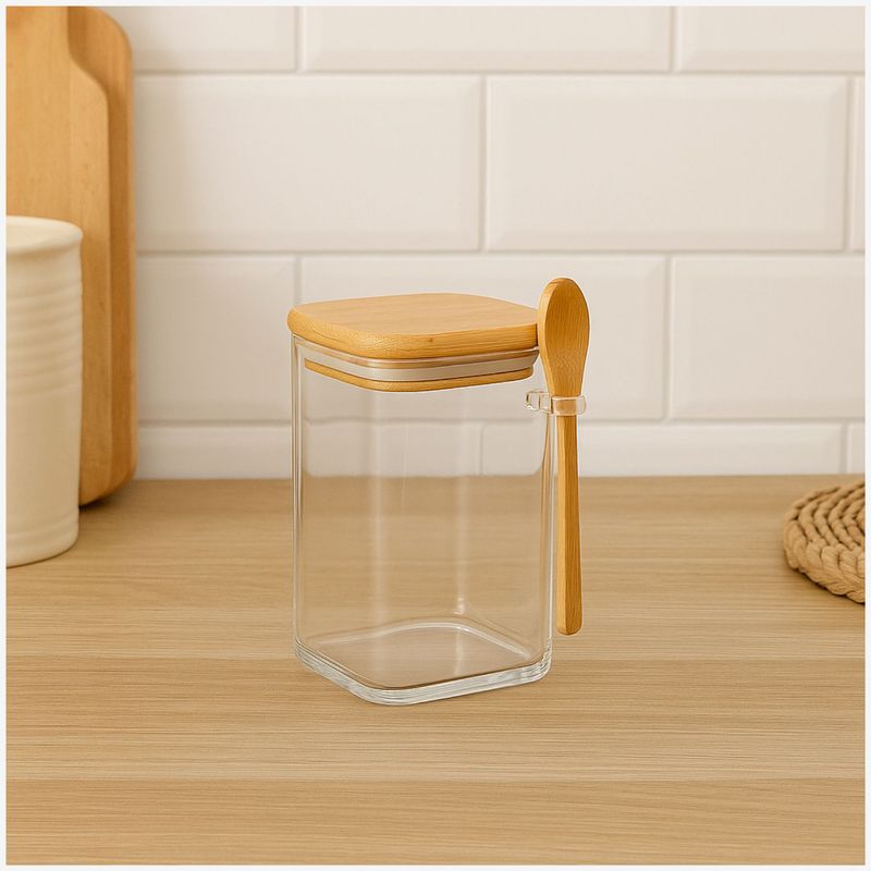 GENERICO - Frasco Contenedor Vidrio 1400mL 15cm Cuadrado Cuchara Bambú