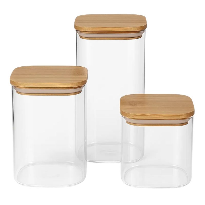 GENERICO - Set 3 Frascos Tarro Hermetico Cuadrado Vidrio Tapa Bambú