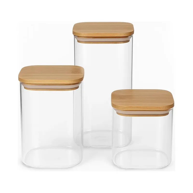 GENERICO - Set 3 Frascos Tarro Contenedor Hermetico Vidrio Tapa Bambú