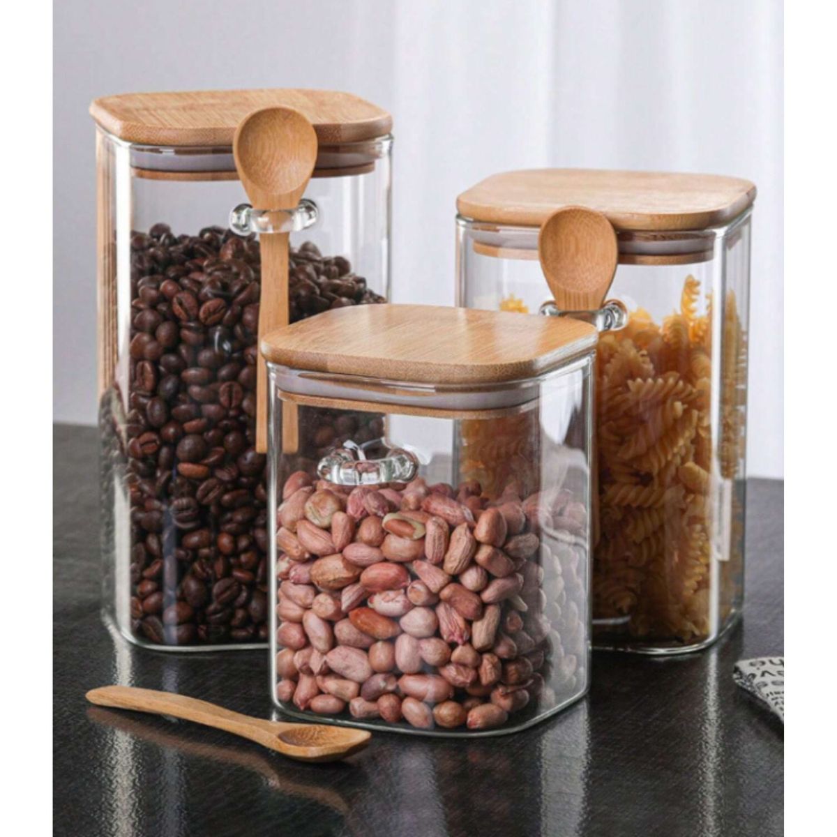 GENERICO - Set 3 Frascos Hermeticos Cuadrado Vidrio Con Cuchara Bambú