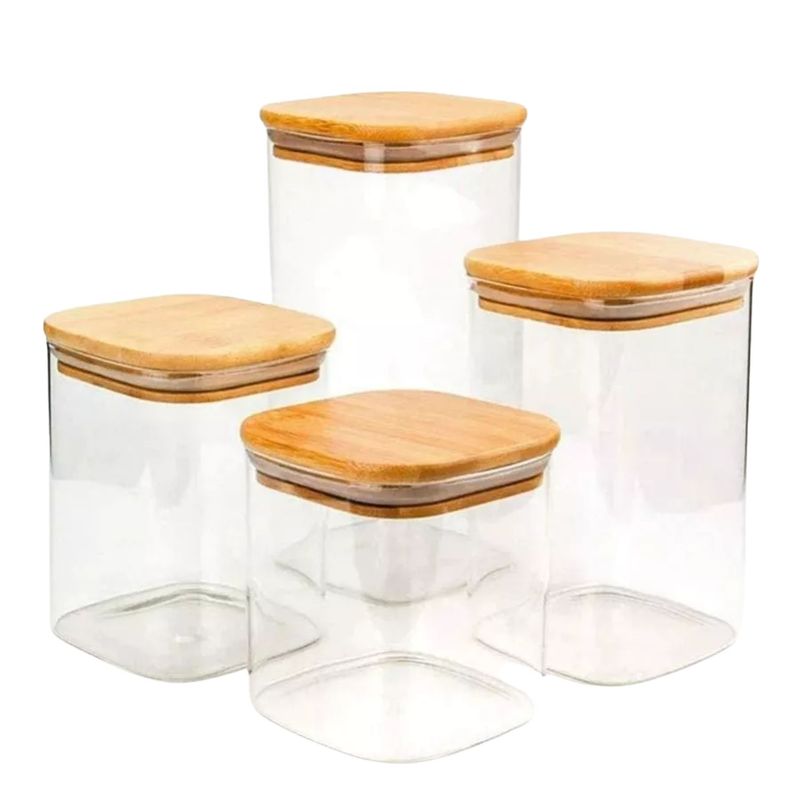 GENERICO - Set 4 Frascos Tarro Hermetico Cuadrado Vidrio Tapa Bambú
