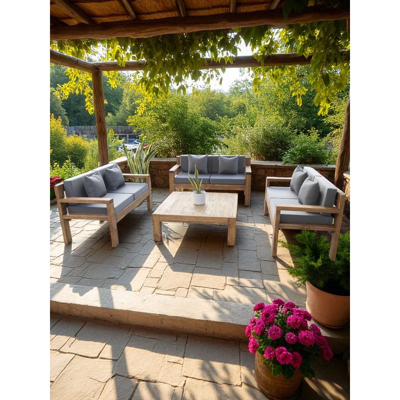 MIARUSTE - TERRAZA RÚSTICA MIARUSTE MODELO AMBAR 6 CUERPOS COLOR ROBLE COJINERÍA GRIS MEDIO
