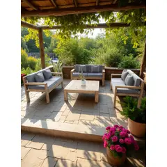 MIARUSTE - TERRAZA RÚSTICA MODELO AMBAR 6 CUERPOS COLOR ROBLE COJINERÍA GRIS MEDIO