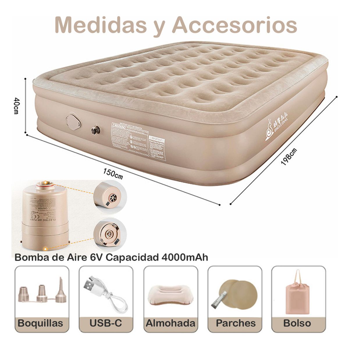 HOMEBRANDT - Colchon Cama Inflable Con Bomba Extraible De 2 plazas 40cm