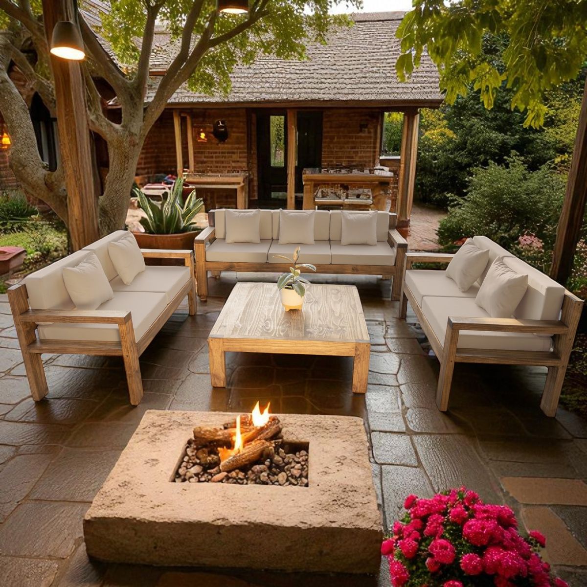 MIARUSTE - TERRAZA RÚSTICA MIARUSTE MODELO AMBAR 7 CUERPOS COLOR ROBLE COJINERÍA BEIGE V1