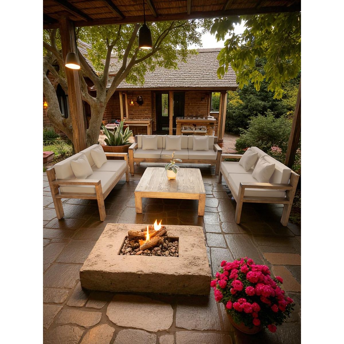 MIARUSTE - TERRAZA RÚSTICA MIARUSTE MODELO AMBAR 7 CUERPOS COLOR ROBLE COJINERÍA BEIGE V1