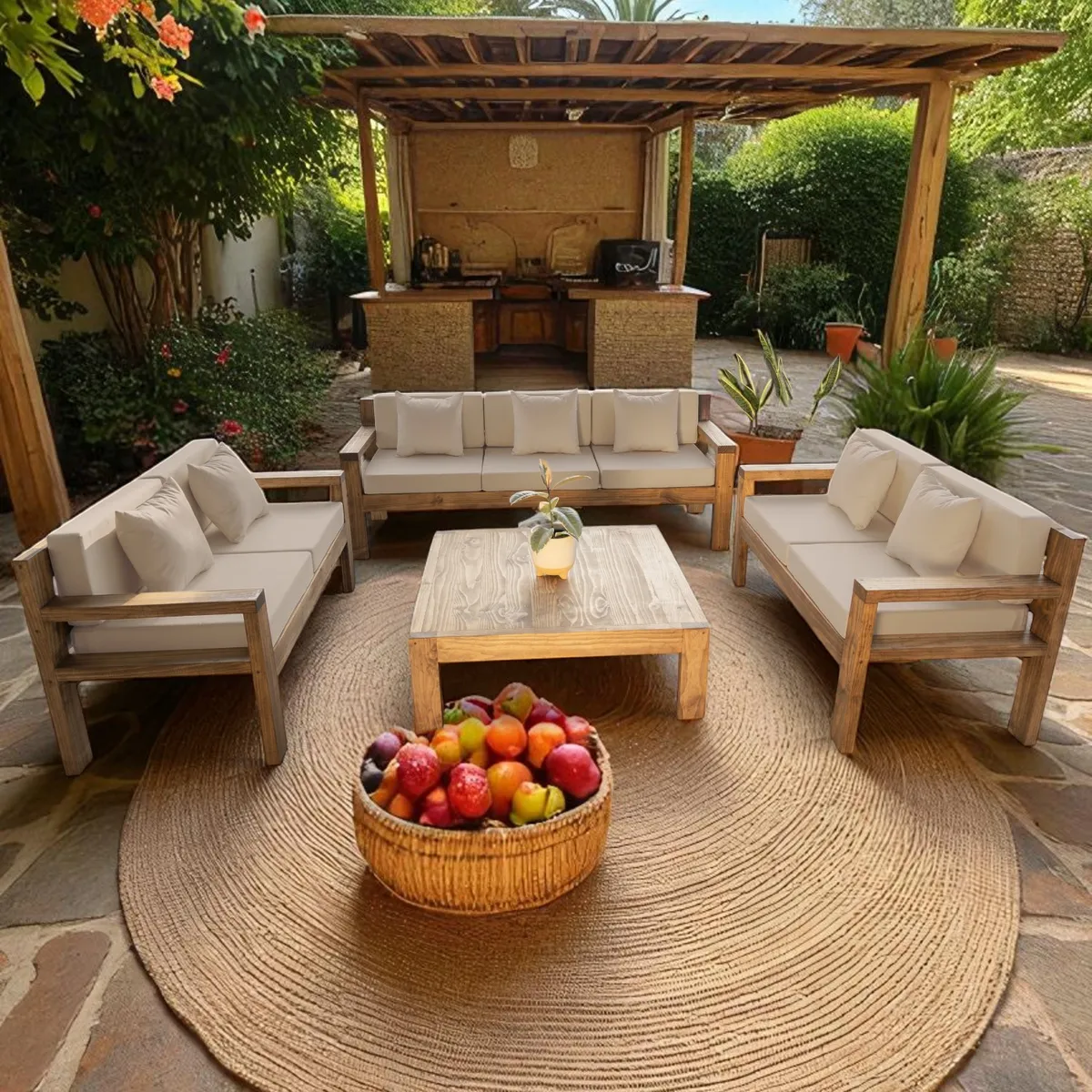 MIARUSTE - TERRAZA RÚSTICA MIARUSTE MODELO AMBAR 7 CUERPOS COLOR ROBLE COJINERÍA BEIGE V1