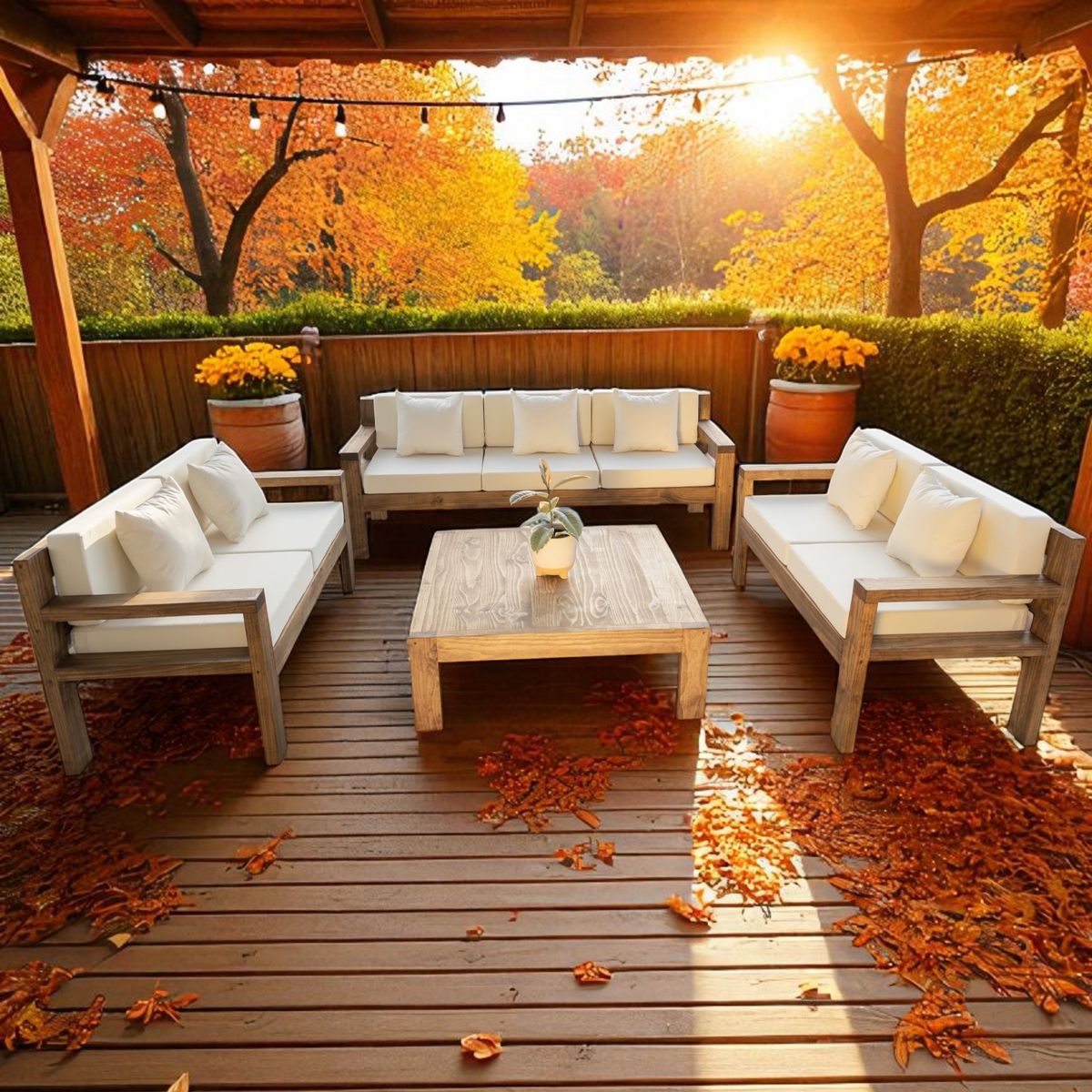 MIARUSTE - TERRAZA RÚSTICA MIARUSTE MODELO AMBAR 7 CUERPOS COLOR ROBLE COJINERÍA CRUDO V1