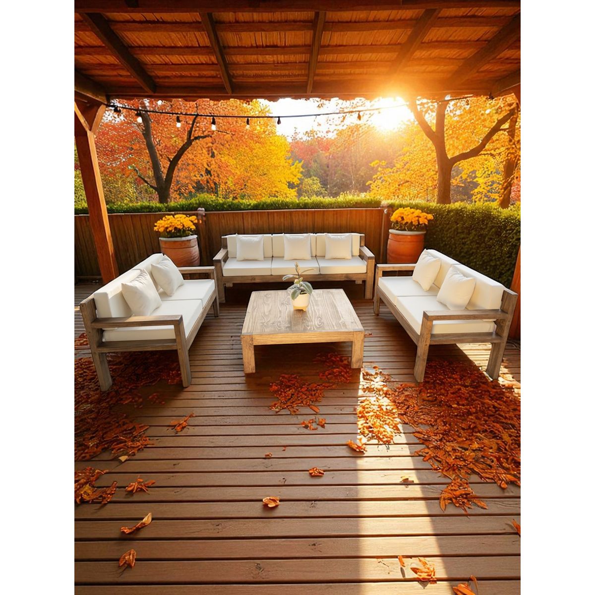 MIARUSTE - TERRAZA RÚSTICA MIARUSTE MODELO AMBAR 7 CUERPOS COLOR ROBLE COJINERÍA CRUDO V1