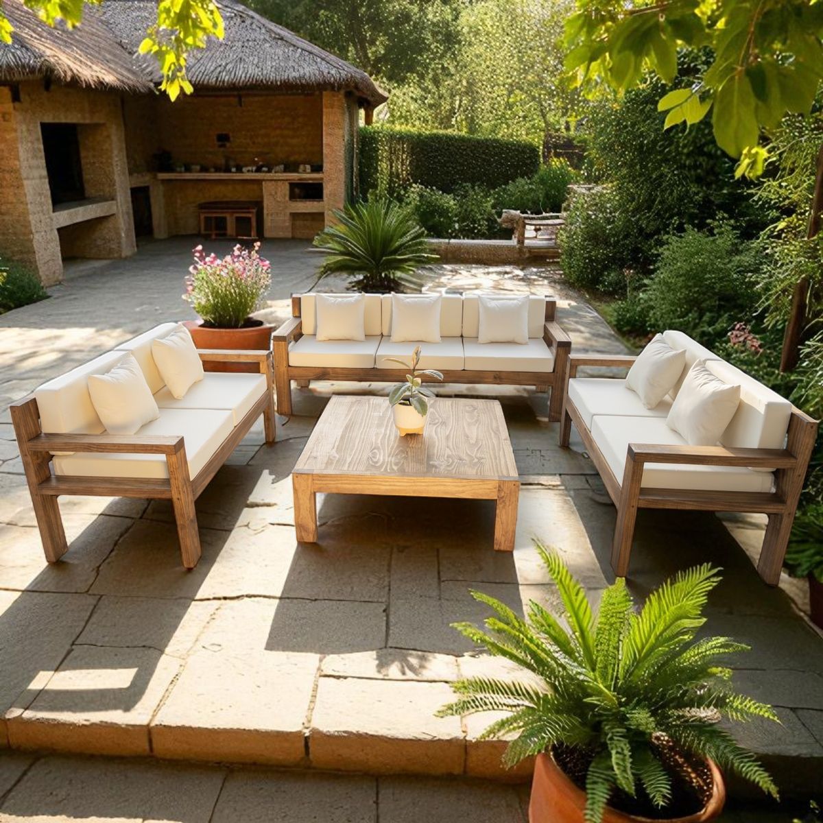 MIARUSTE - TERRAZA RÚSTICA MIARUSTE MODELO AMBAR 7 CUERPOS COLOR ROBLE COJINERÍA CRUDO V1