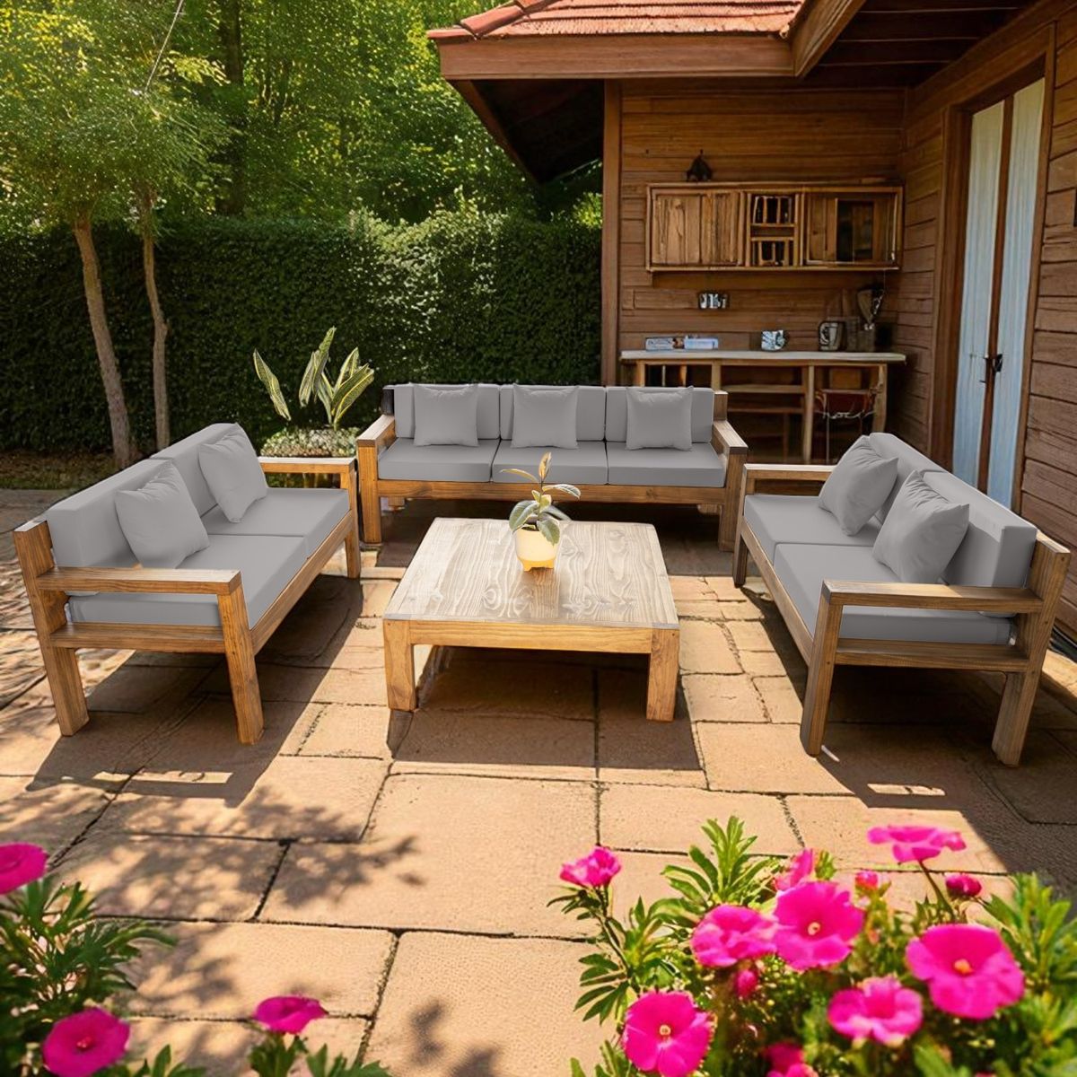 MIARUSTE - TERRAZA RÚSTICA MIARUSTE AMBAR 7 CUERPOS COLOR ROBLE COJINERÍA GRIS MEDIO V1