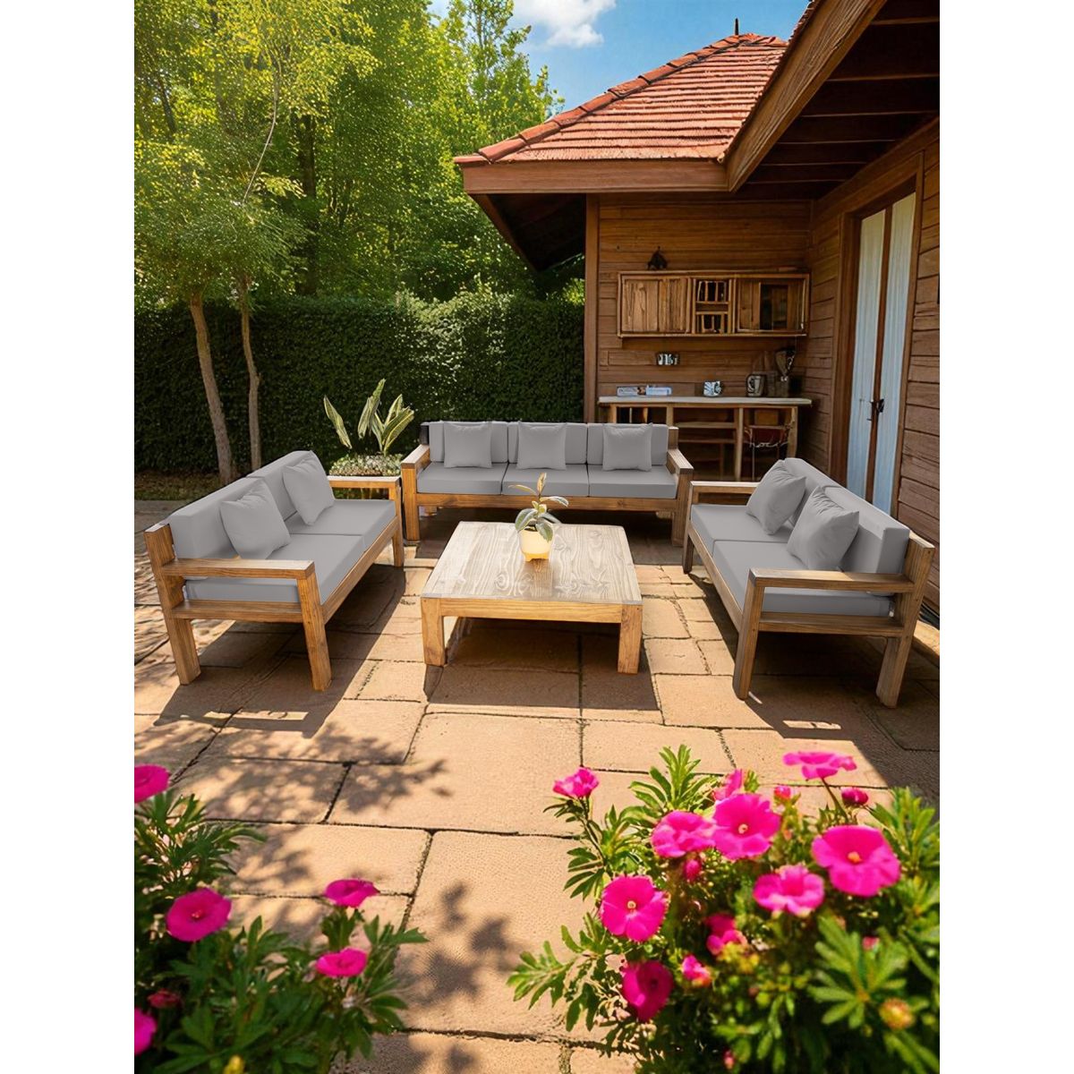 MIARUSTE - TERRAZA RÚSTICA MIARUSTE AMBAR 7 CUERPOS COLOR ROBLE COJINERÍA GRIS MEDIO V1