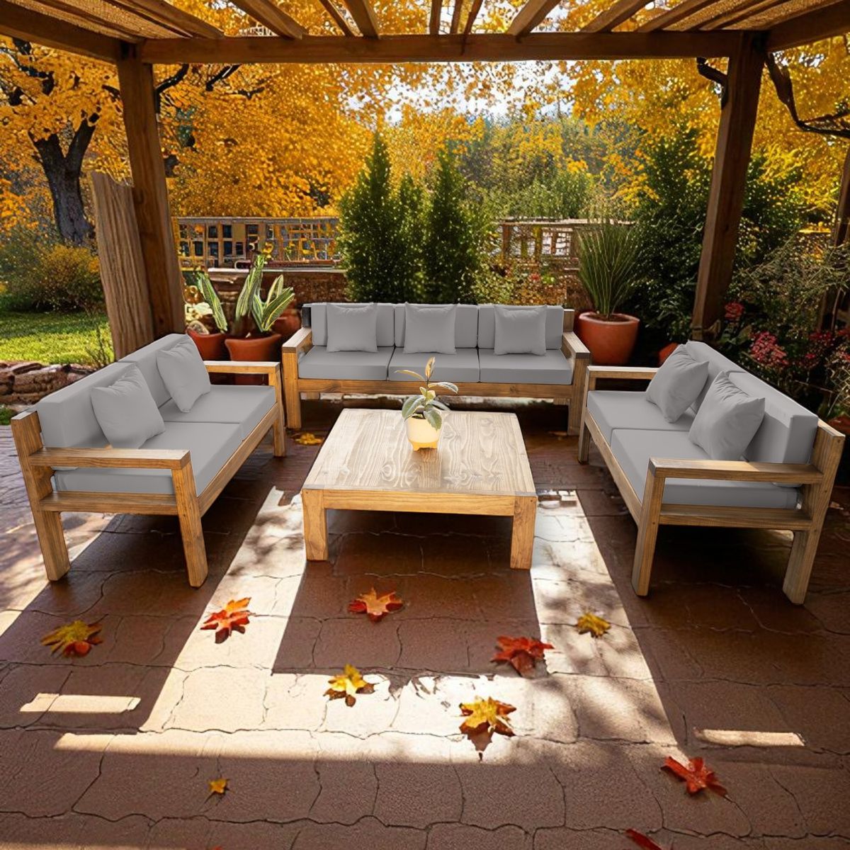 MIARUSTE - TERRAZA RÚSTICA MIARUSTE AMBAR 7 CUERPOS COLOR ROBLE COJINERÍA GRIS MEDIO V1