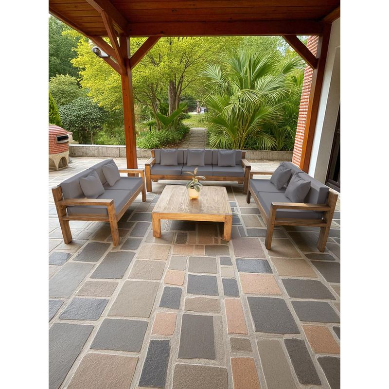 MIARUSTE - TERRAZA RÚSTICA MIARUSTE AMBAR 7 CUERPOS COLOR ROBLE COJINERÍA GRIS OSCURO V1