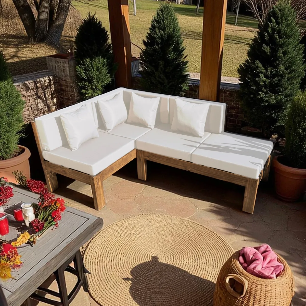 MIARUSTE - TERRAZA RÚSTICA MIARUSTE ELE 4 CUERPOS MADERA COLOR ROBLE COJINERÍA CRUDO