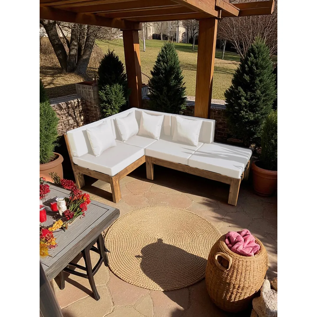 MIARUSTE - TERRAZA RÚSTICA MIARUSTE ELE 4 CUERPOS MADERA COLOR ROBLE COJINERÍA CRUDO