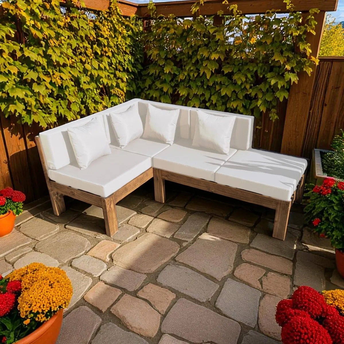 MIARUSTE - TERRAZA RÚSTICA MIARUSTE ELE 4 CUERPOS MADERA COLOR ROBLE COJINERÍA CRUDO