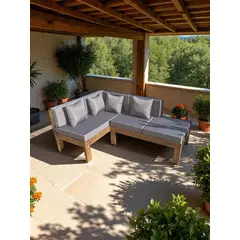 MIARUSTE - TERRAZA RÚSTICA ELE 4 CUERPOS MADERA COLOR ROBLE COJINERÍA GRIS MEDIO
